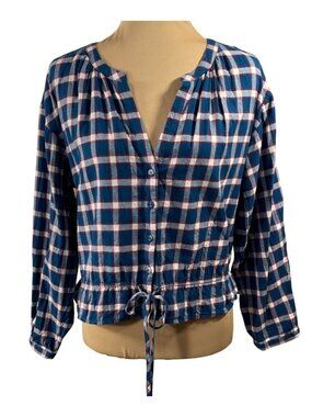Loft Top Blouse Plaid Flannel Size M Medium Blue Red Drawstring Waist